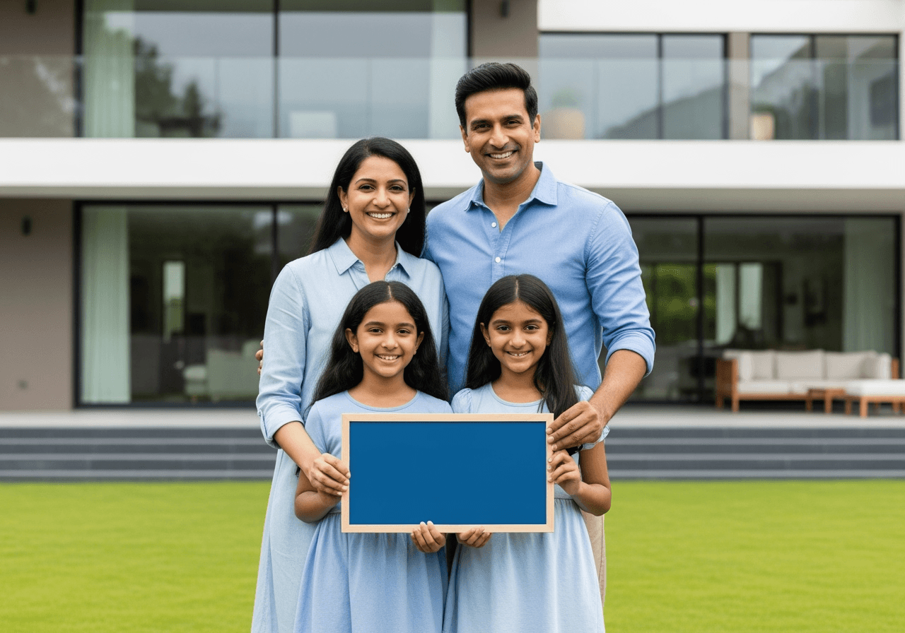Happy family in front of a modern home